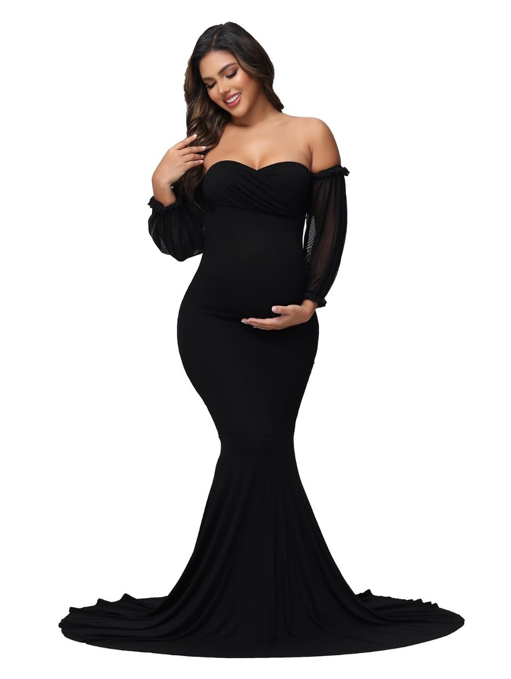 Black Off-Shoulder Maternity Mesh Sleeves Maxi Mermaid Photo Party Shower Gown L